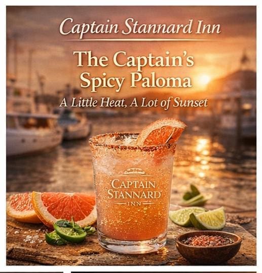 Paloma - The Captain Stannard Book cover for Captain Stannard Inn: The Captain's Spicy Paloma — A Little Heat, A Lot of Sunset, featuring a salted-paloma glass with an orange slice at a sunset harbor.